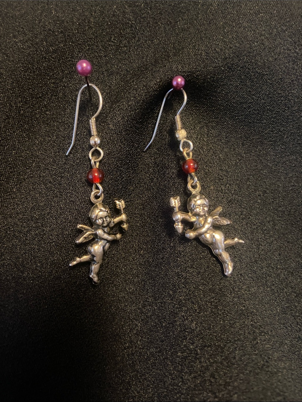 Silver Cherub Dangle Earrings with Red Beads
